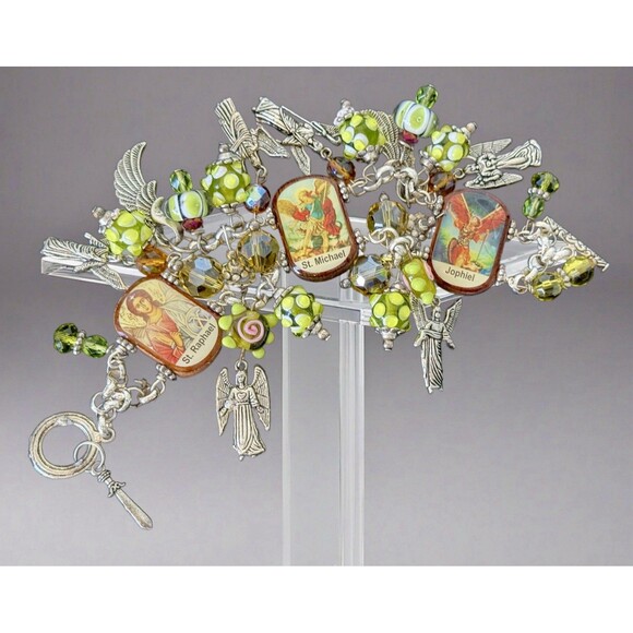 Vintage Religious Charm Chunky Bracelet – Archangels & Saint Icons – Glass Beads - Picture 1 of 14